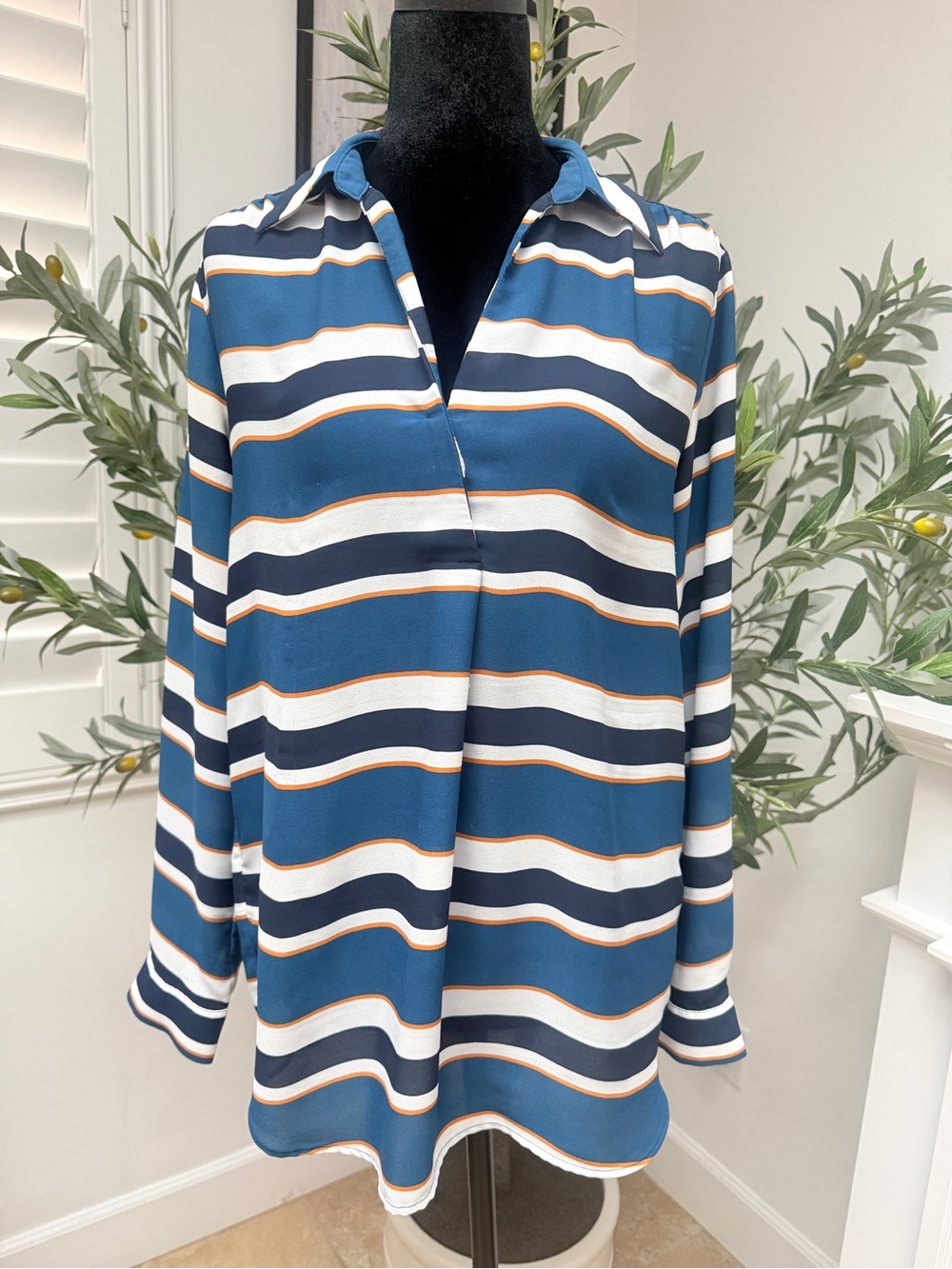 Ann Taylor Factory Blue, Navy & White Striped Blouse with Rust Accents